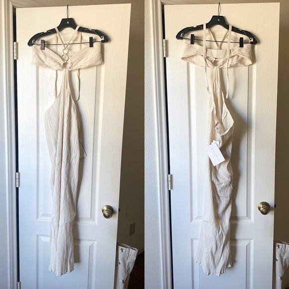Savannah Morrow Dress Mina Open-Back Crinkled Cutout Halter Maxi Ivory L NWT - Picture 2 of 11